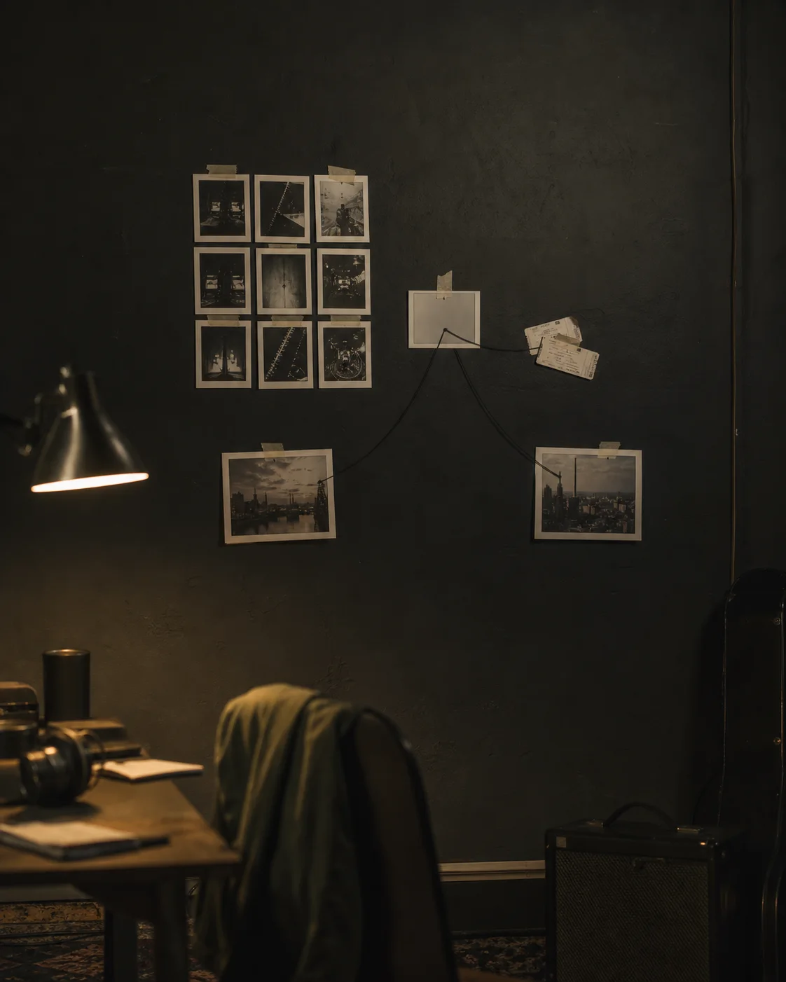 Campaign references arranged on a studio wall